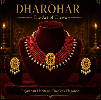 Royal Red Thewa Art Choker Necklace Set with Pearl Drops – 23K Gold Plated