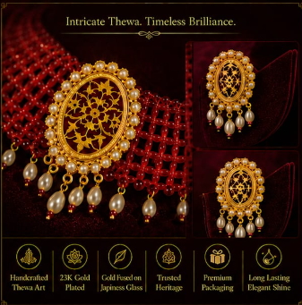 Royal Red Thewa Art Choker Necklace Set with Pearl Drops – 23K Gold Plated