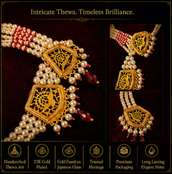 Royal Multi-Pendant Thewa Art Pearl Necklace Set with Earrings – 23K Gold Plated