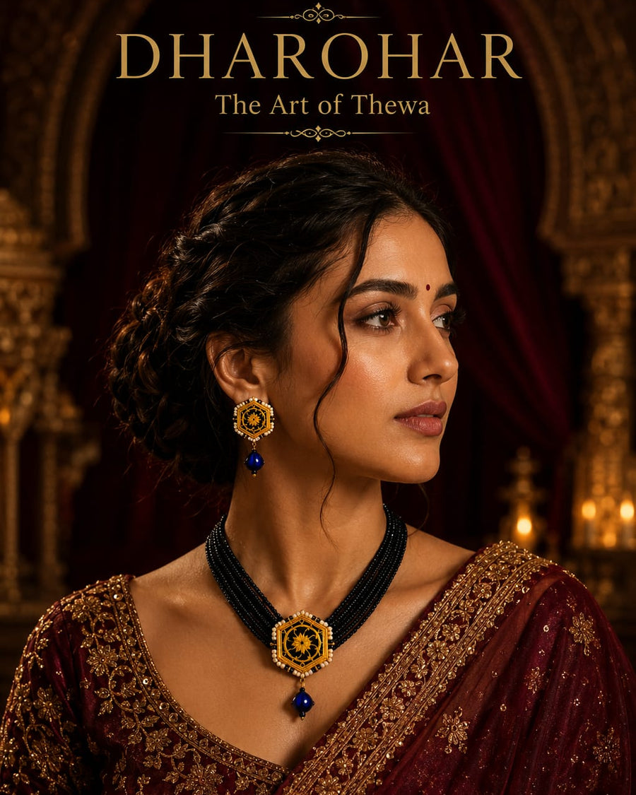 Woman wearing traditional jewelry with a dark background, featuring the brand 'Dharohar'.