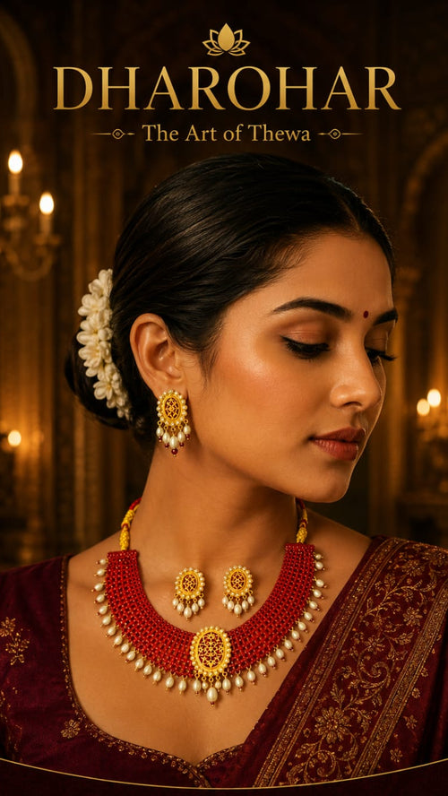Woman wearing gold and red jewelry with 'Dharohar' branding in the background
