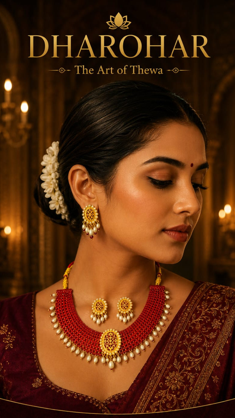 Woman wearing gold and red jewelry with 'Dharohar' branding in the background