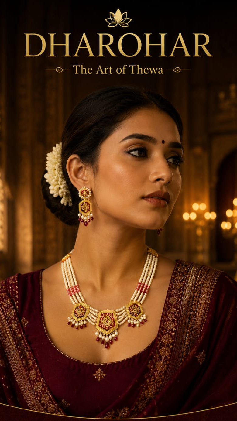 Woman wearing traditional jewelry with 'Dharohar' branding in the background