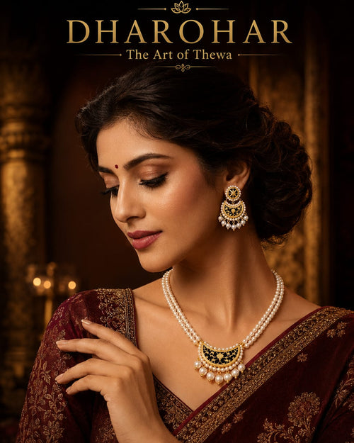 Woman wearing traditional jewelry with 'Dharohar' branding in the background