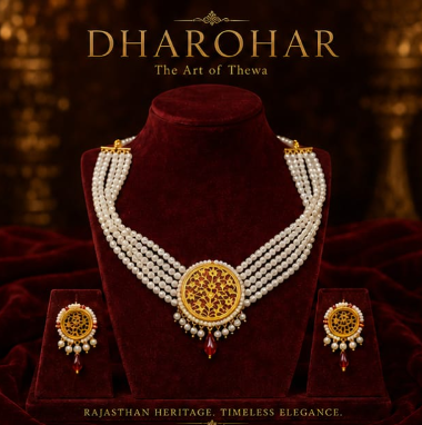 Royal Round Thewa Art Pearl Necklace Set with Matching Earrings – 23K Gold Plated