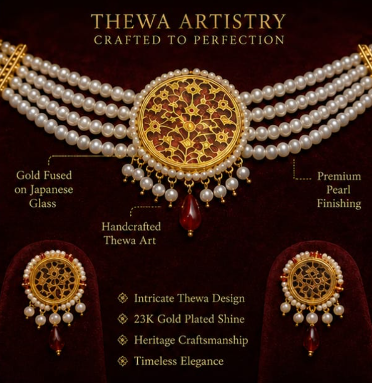 Royal Round Thewa Art Pearl Necklace Set with Matching Earrings – 23K Gold Plated