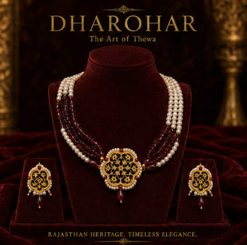 Royal Floral Thewa Art Maroon Beaded Necklace Set with Earrings – 23K Gold Plated