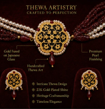 Royal Floral Thewa Art Maroon Beaded Necklace Set with Earrings – 23K Gold Plated