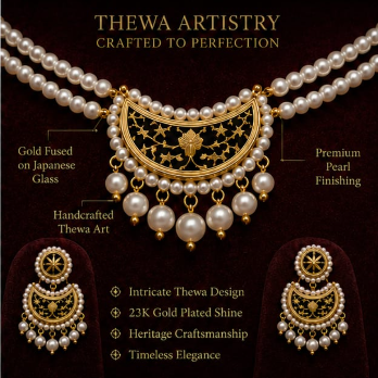 Traditional Thewa Art Crescent Necklace Set with Earrings