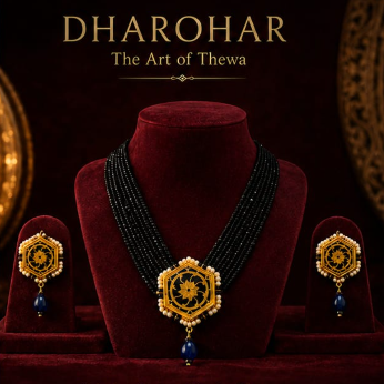 Jewelry set with necklace and earrings on a red stand, branded 'Dharohar'.
