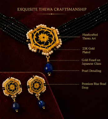 Royal Black Beaded Thewa Art Necklace Set with Blue Drop Earrings – 23K Gold Plated
